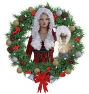 drawn girl in national costume on the background of a Christmas wreath
