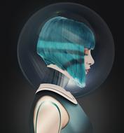 Profile portrait of the robot girl, with turquoise hair, in light, at background with the circle, clipart