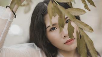 portrait of a young brunette behind a branch