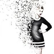 Beautiful drawing of the woman in black and white dress, with necklace, with shapes, clipart
