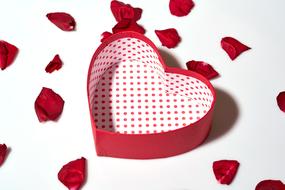 Red and white patterned box among the rose petals on the white surface