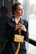 young Stylish girl with yellow purse at window
