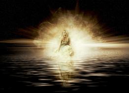 young girl in bright rays of light sits on sea, collage