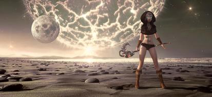 wallpaper with futuristic planet and woman