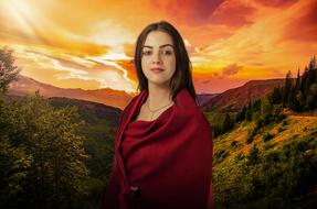 Celtic Woman, beautiful girl in red clothing at scenic landscape, collage