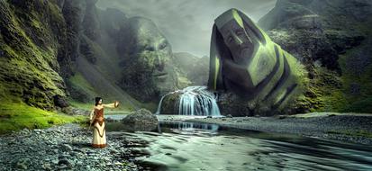 mystical landscape with waterfall