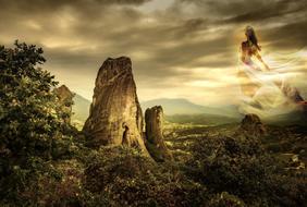 girl on clouds above scenic landscape, collage