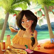 woman sits at served table on beach at sea, digital illustration