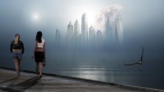 two women walking on embankment in view of misty city, digital art