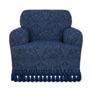 blue armchair with fabric ruffles on seat