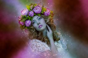 Portrait of the beautiful woman, with the colorful and beautiful flower wreath and purple lips, in beautiful, white, ornamental dress, clipart