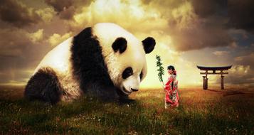large panda bear and Asian woman