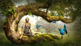 Blonde girl, sitting on the green tree, among the beautiful, blue butterflies, on the landscape