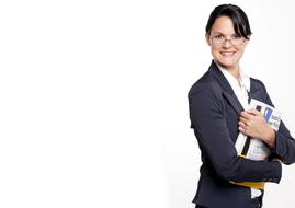 Portrait of a smiling woman, secretary, with glasses and books, at white background