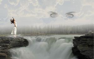 girl at waterfall and painted female eyes in the sky, digital art