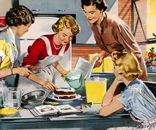 four young women frosting cake, vintage drawing