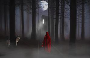 Landscape with the full moon and fog,wolf and Red Hood