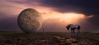 mystical image of a stone ball, a girl and a horse on a sunset background