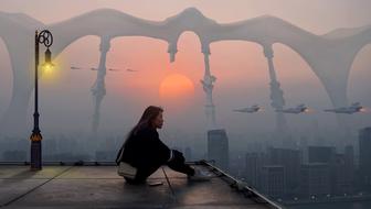 woman on the roof in mysterious city