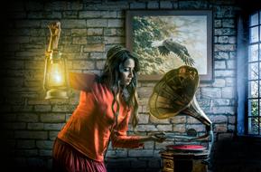 Woman in red clothing, with the lantern, near the gramophone, among the beautiful room