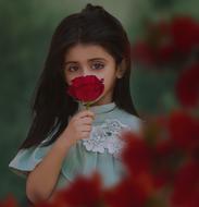 Portrait of sad asian child girl with red flower