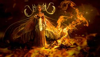 Beautiful woman in the colorful clothing, among the colorful flames, on clipart