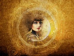 female face at grunge background, steampunk Fantasy