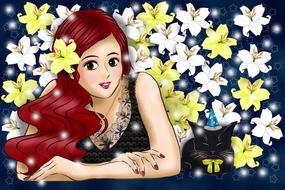 Colorful woman and colorful flowers clipart