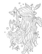 painted profile of a girl with birds and flowers in a coloring book
