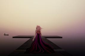 girl in long dress walking on pier and distant boat on water, collage