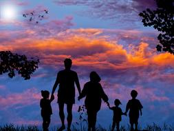 Family with three kids walking Together at sunset, digital art