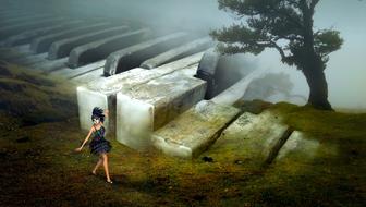 Girl, near the old, white and black keys of the piano, near the tree, on the landscape