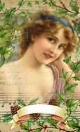 pretty woman and music notes, vintage christmas card
