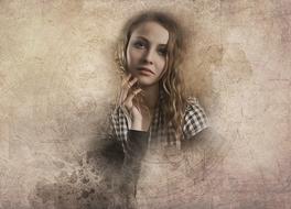 Portrait of the girl, with the make-up and curly, blonde hair, on the vintage background, clipart