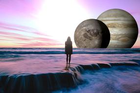 mystical image of a girl on a cascade of the sea against the background of two planets