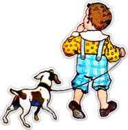 vintage drawing from 1920, child boy with dog on leash