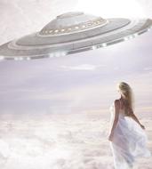 woman on white clouds near ufo