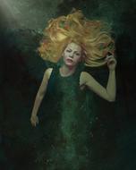 Siren, blonde girl in green dress underwater, digital art, Fantasy