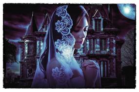 bride on the background of a mystical castle