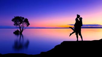 Silhouette of Couple in love in front of water at scenic sunset, digital art