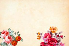 Beautiful drawing of the colorful, blossoming flowers, at vintage, brown, gradient background, clipart