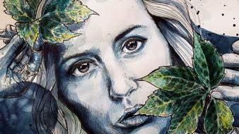 digital portrait of a girl and green leaves