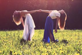 two young Girls Holding Hands on meadow at sunset