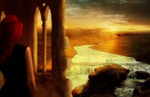Woman looking from balcony at Fantasy Landscape