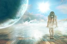 mystical image of a sad girl sitting on a cloud against the background of the sky
