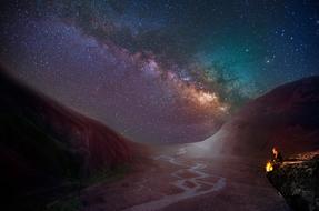 landscape of Campfire on Mountain and Milky way