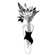 black and white image of a woman with a bouquet of flowers behind her back