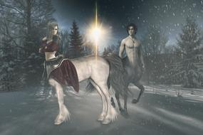 male and female centaurs in forest at winter night