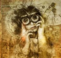 steampunk collage, woman in glasses and clock face, grunge background