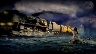 fantastic image of a moving locomotive and a girl floating on a suitcase with a lantern in her hand